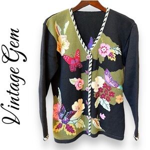 Handknit Vintage Butterflies and flowers beaded cardigan, handknit, cotton/wool